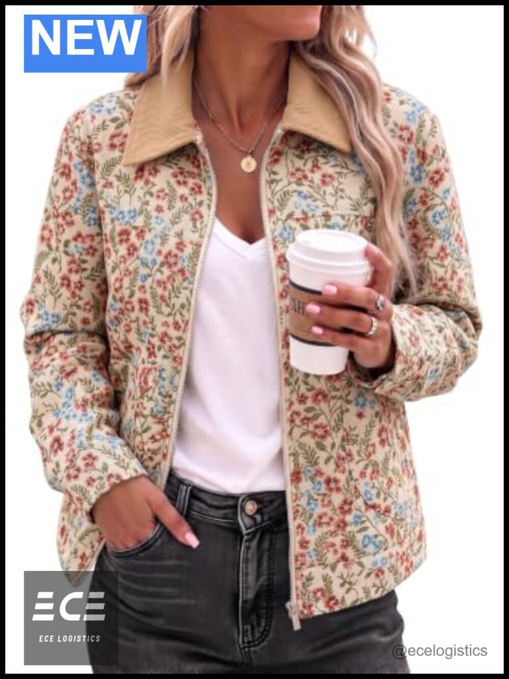 Womens Floral Jacquard Zip Up Loose Fit Casual Jacket Long Sleeve